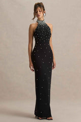 Dani Maxi Dress - Black Hand-Embellished Halter-Neck