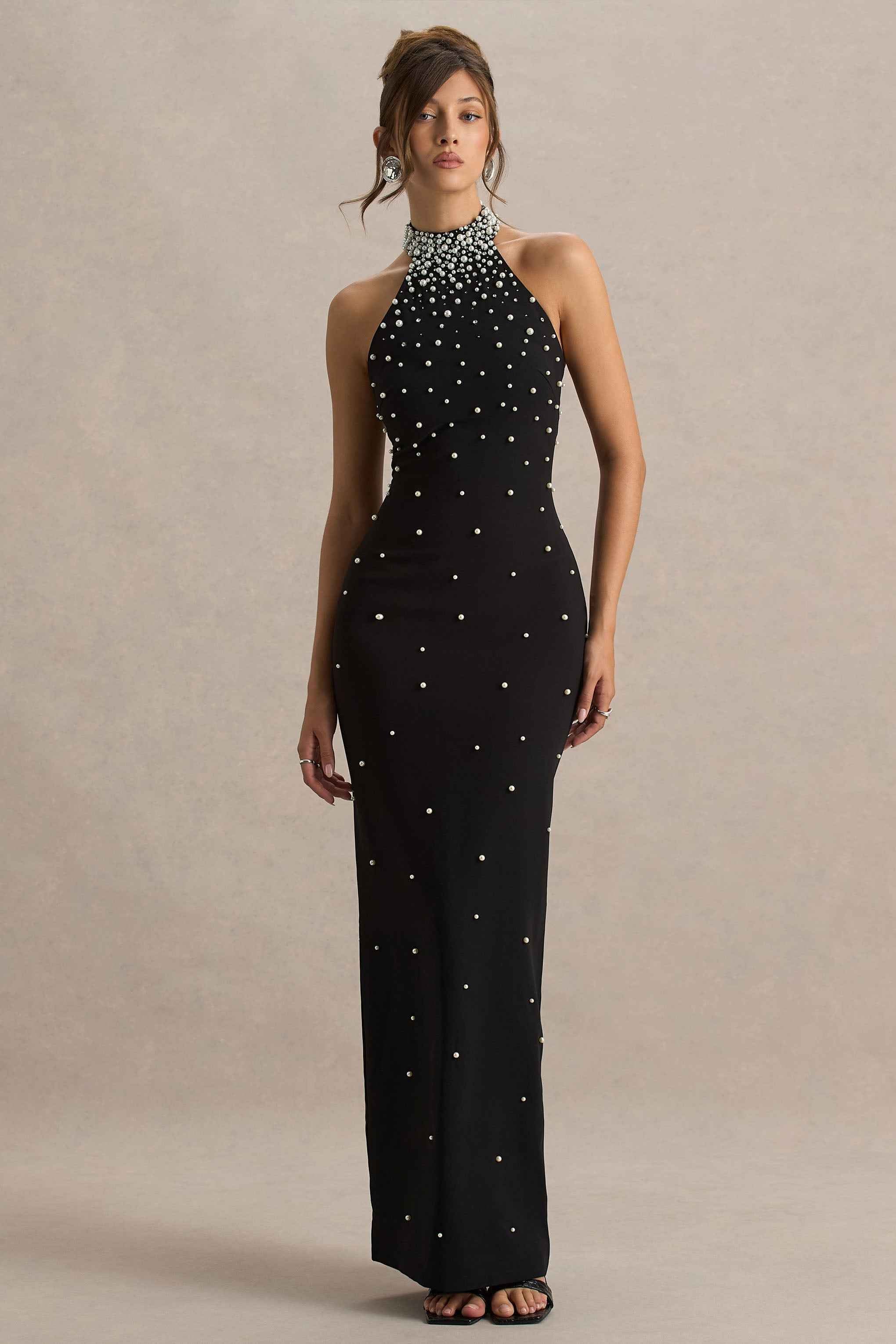 Dani Maxi Dress - Black Hand-Embellished Halter-Neck