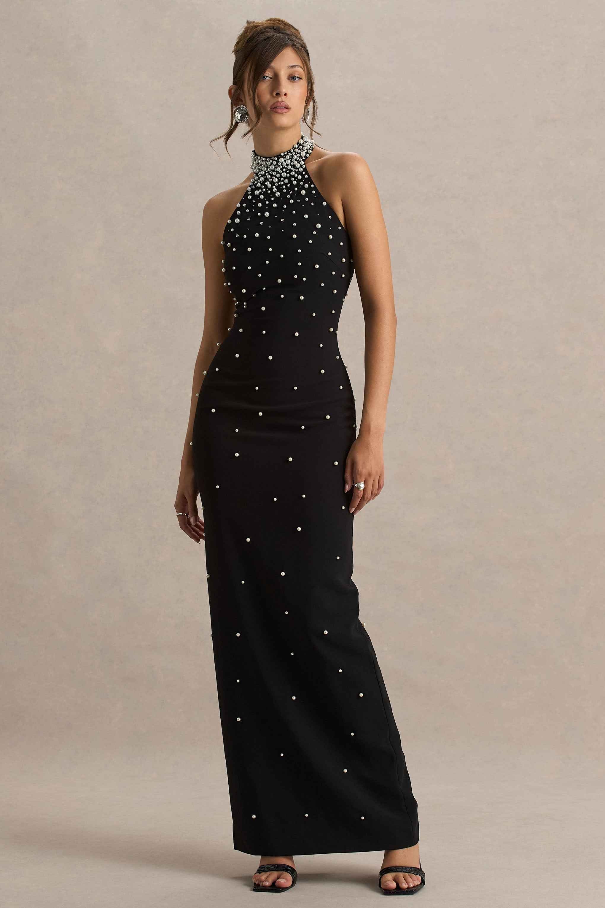 Dani Maxi Dress - Black Hand-Embellished Halter-Neck