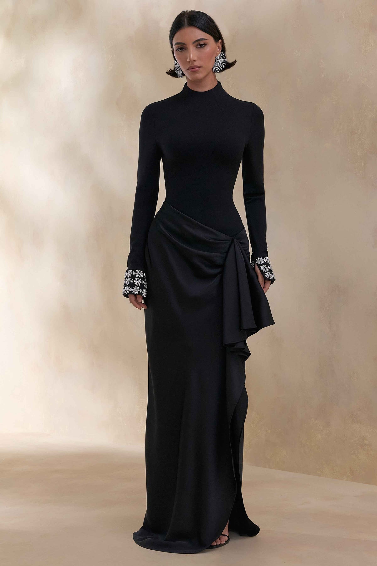 Starred Maxi Dress - Black Satin Wrap