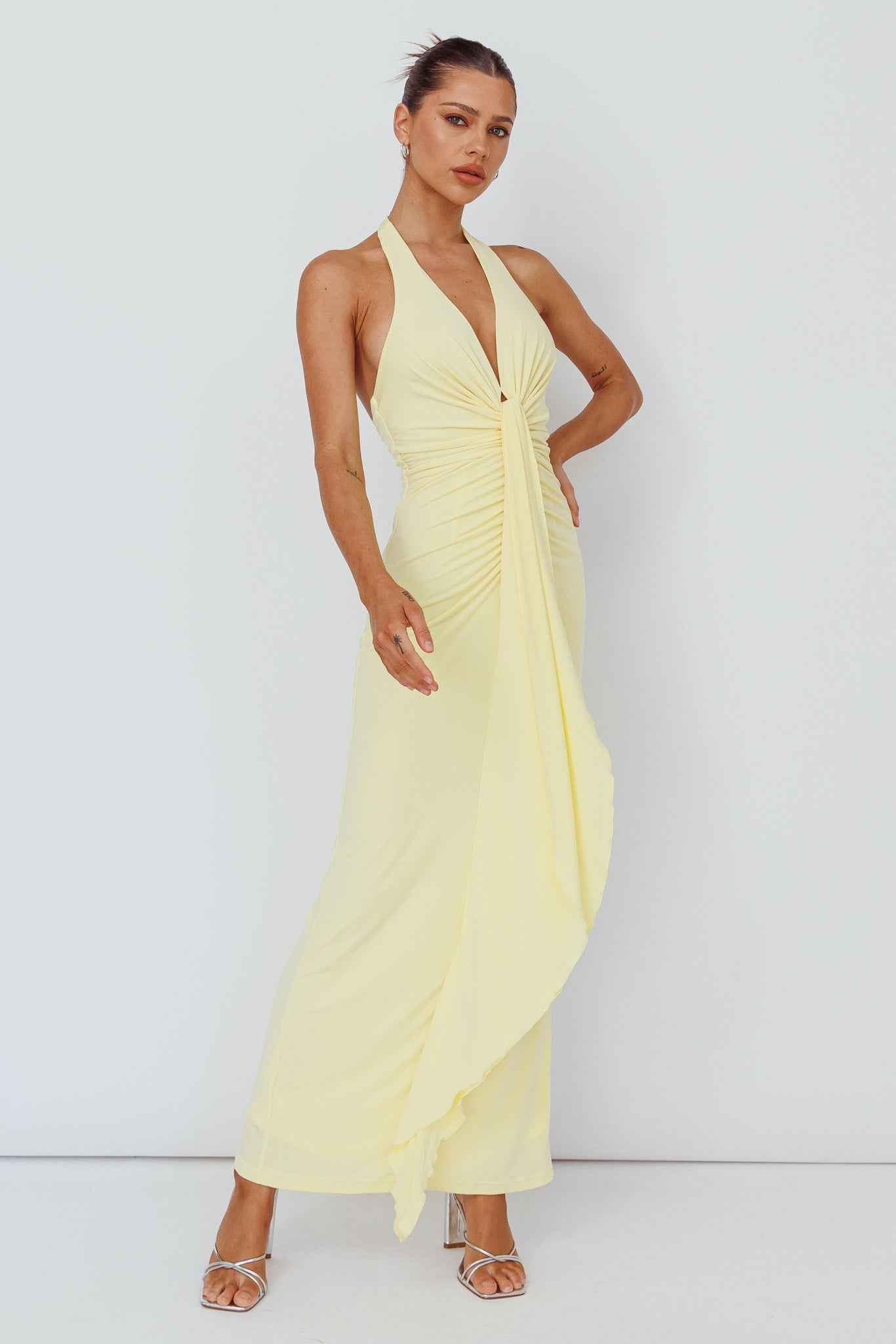 RUCHED HALTERNECK MAXI EVENING PARTY DRESS