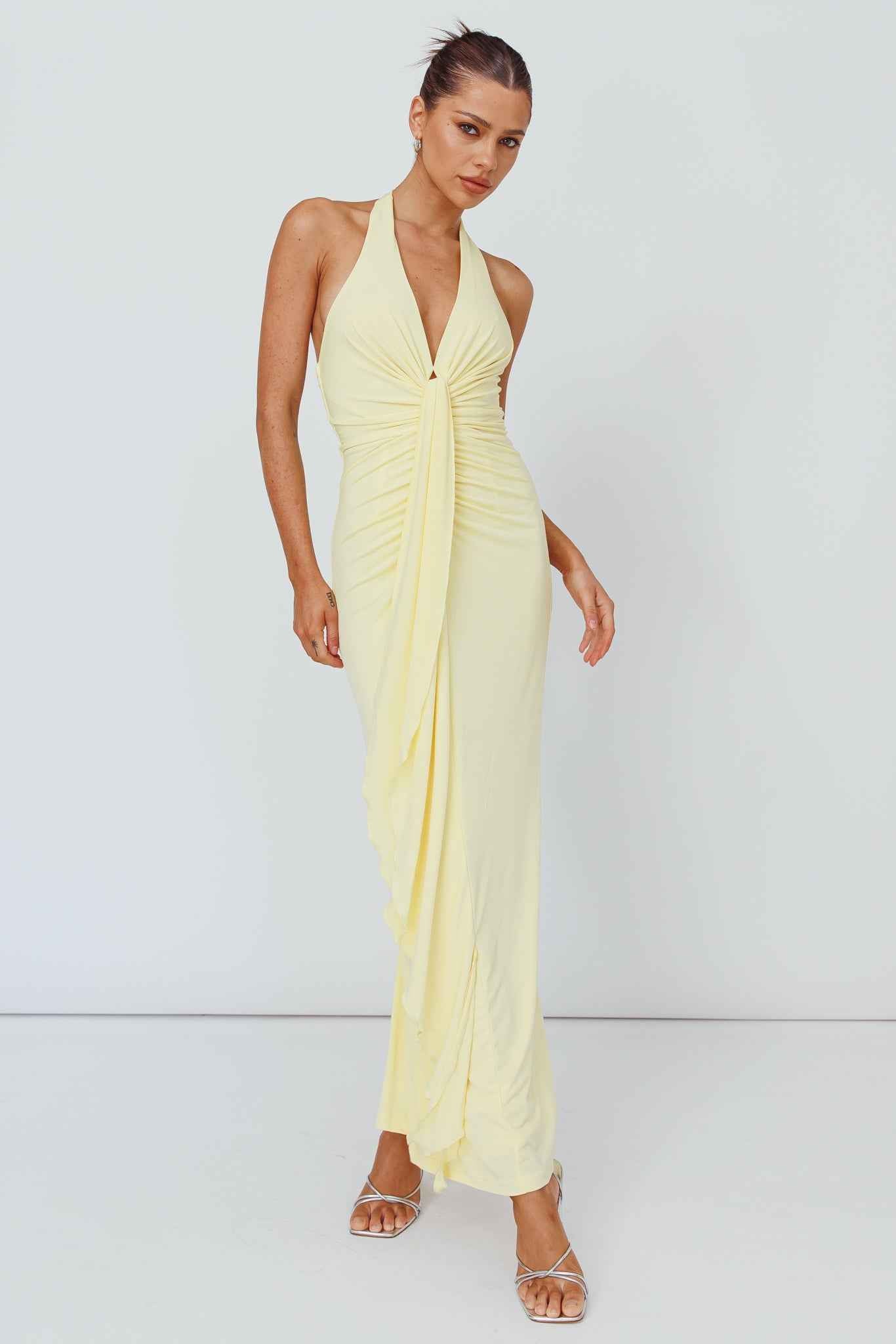RUCHED HALTERNECK MAXI EVENING PARTY DRESS
