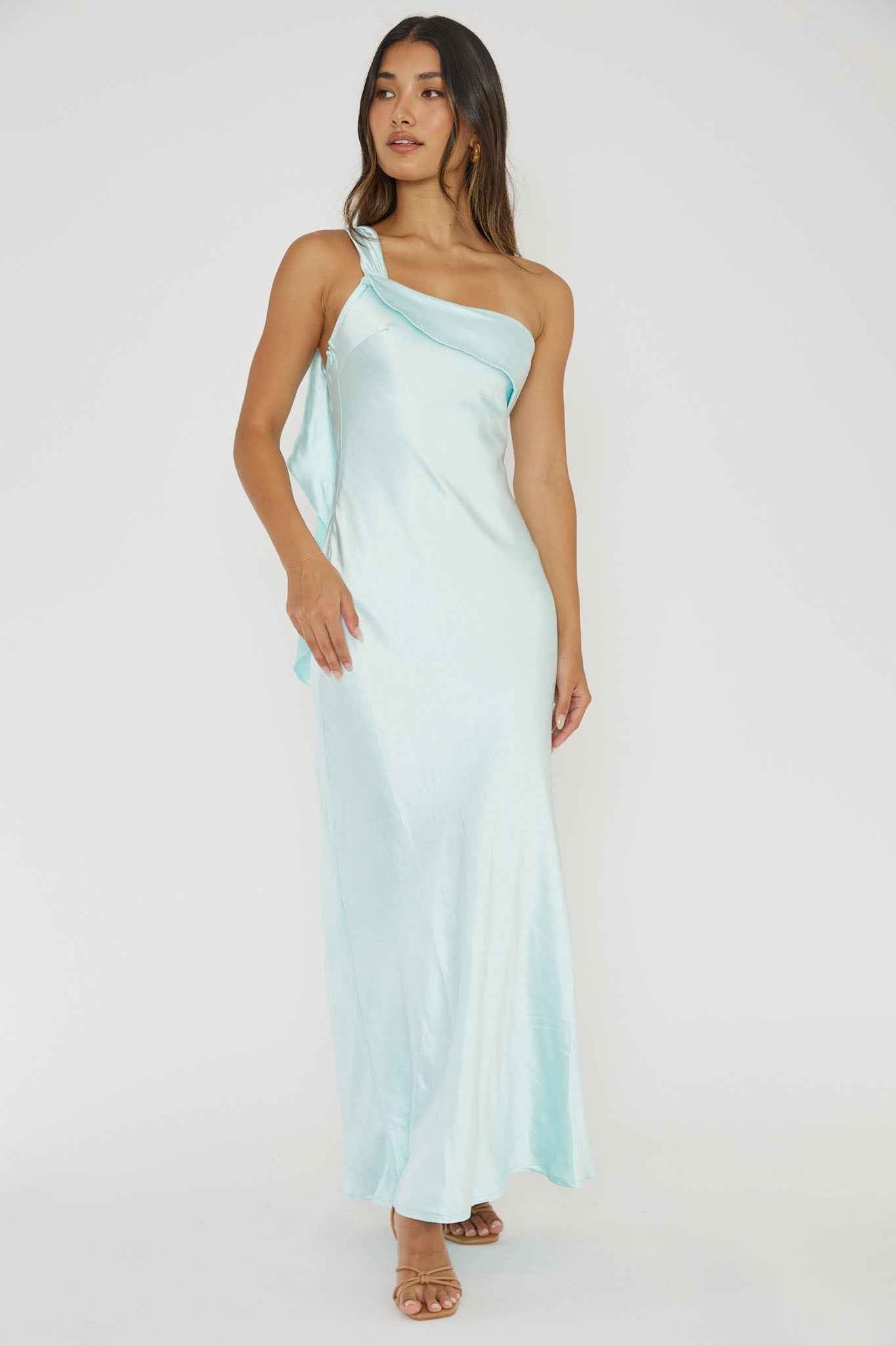 SATIN ONE-SHOULDER MAXI WEDDING GUEST DRESS