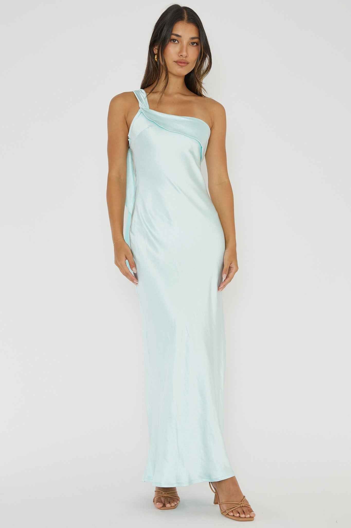 SATIN ONE-SHOULDER MAXI WEDDING GUEST DRESS