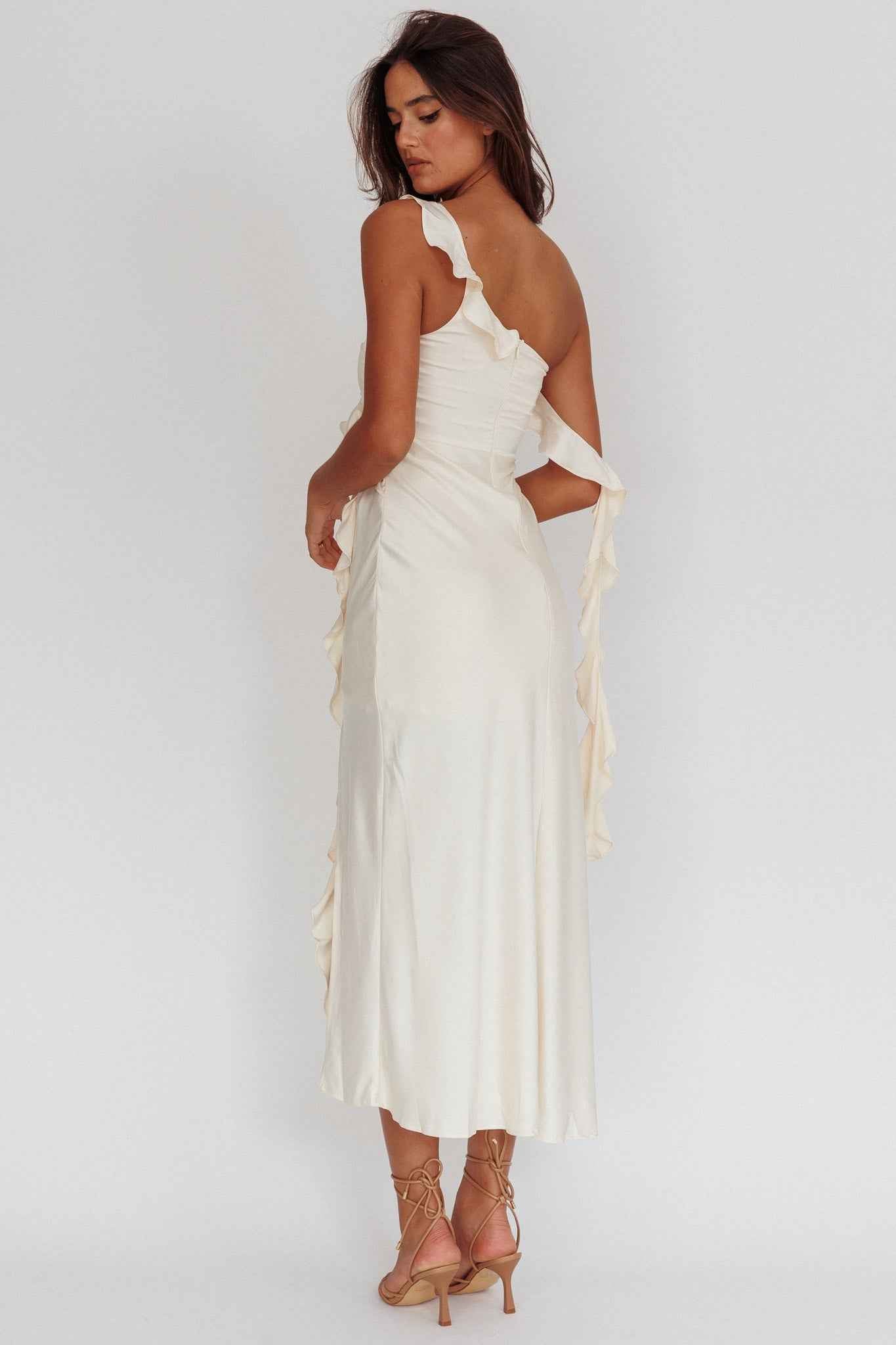 SATIN RUFFLE MIDI WEDDING GUEST COCKTAIL DRESS