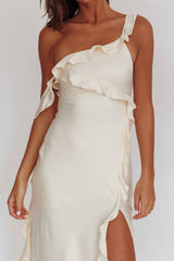 SATIN RUFFLE MIDI WEDDING GUEST COCKTAIL DRESS