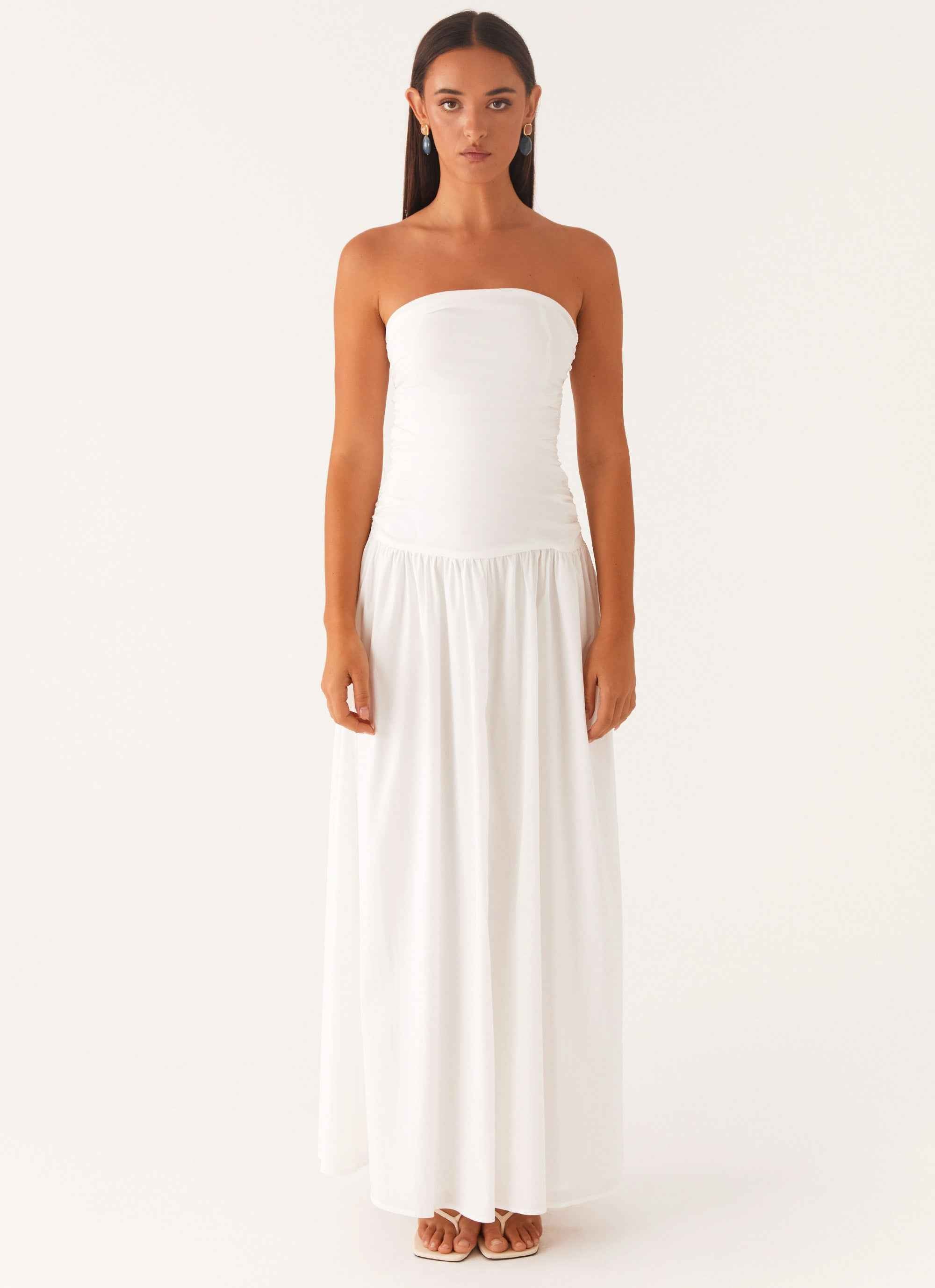 Carmel Maxi Dress - White Strapless Ruched