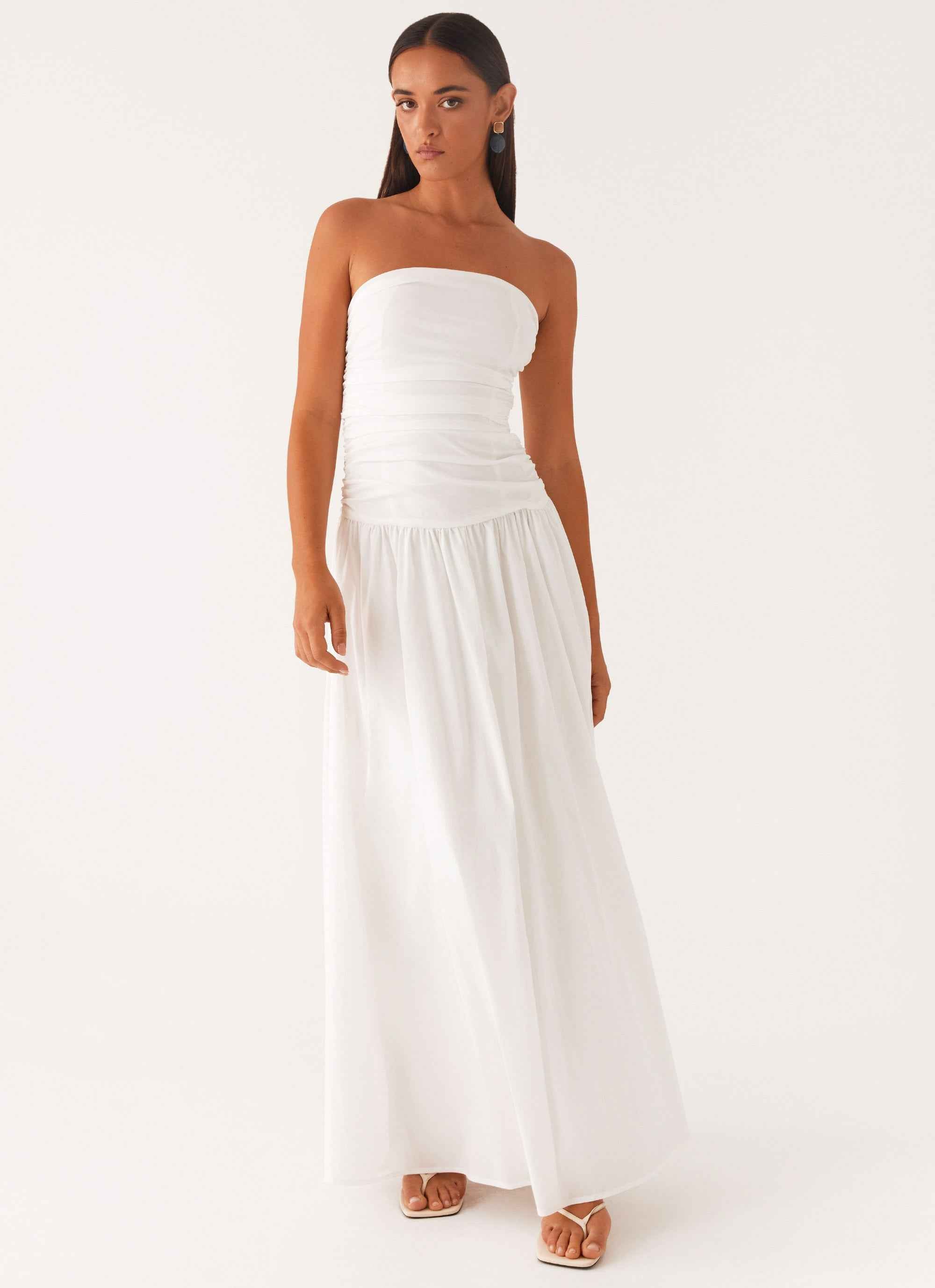 Carmel Maxi Dress - White Strapless Ruched