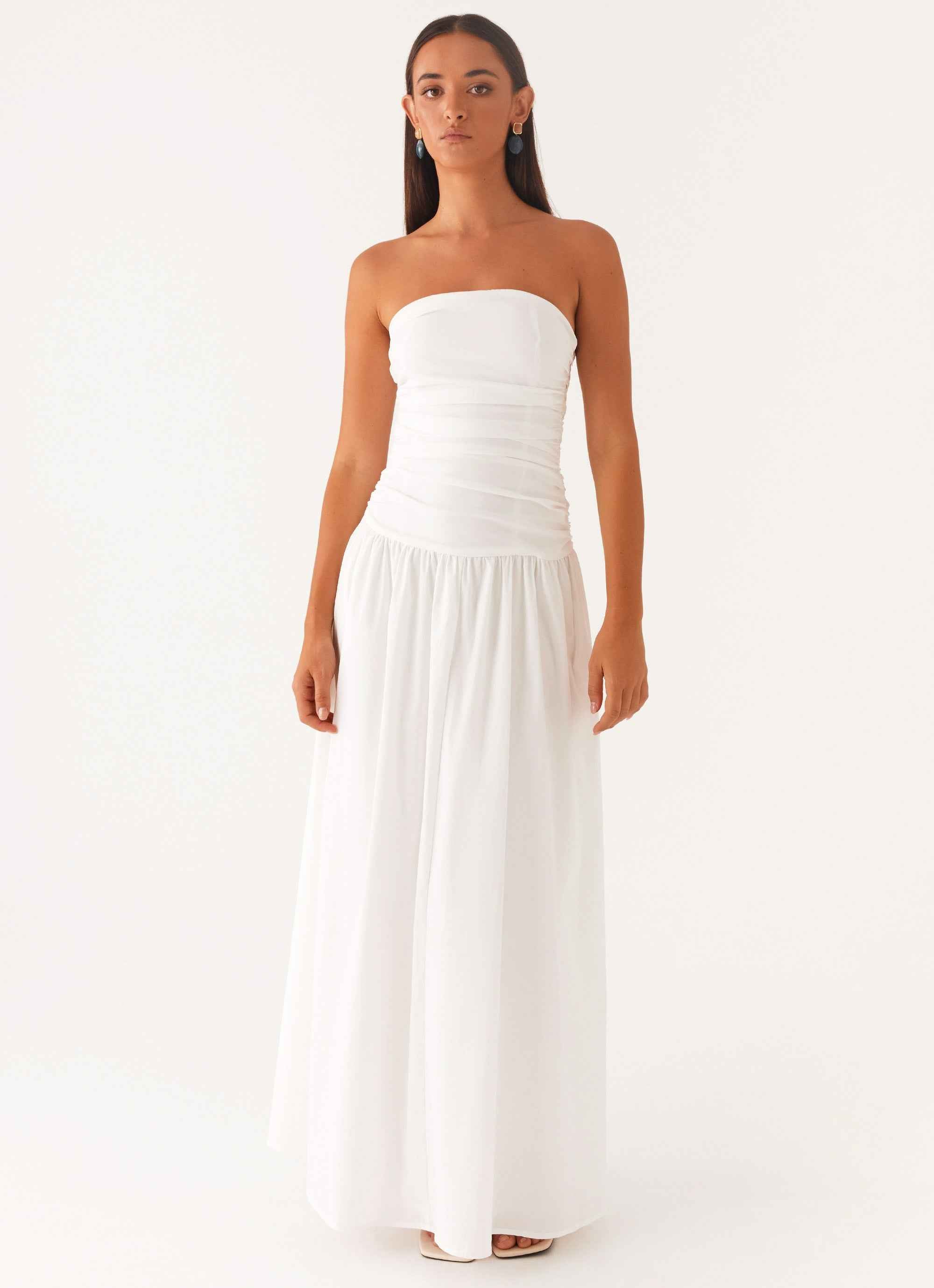 Carmel Maxi Dress - White Strapless Ruched
