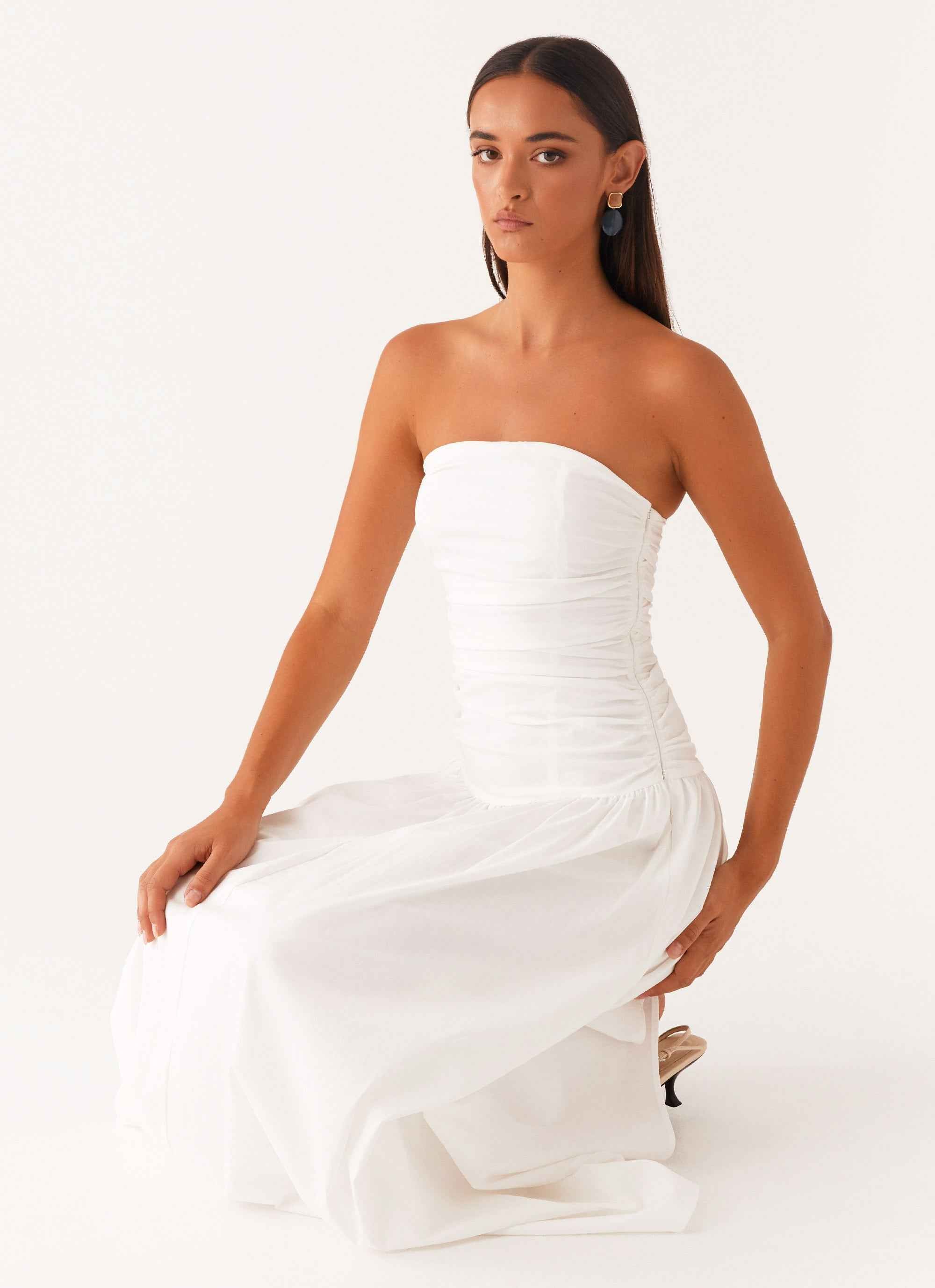 Carmel Maxi Dress - White Strapless Ruched