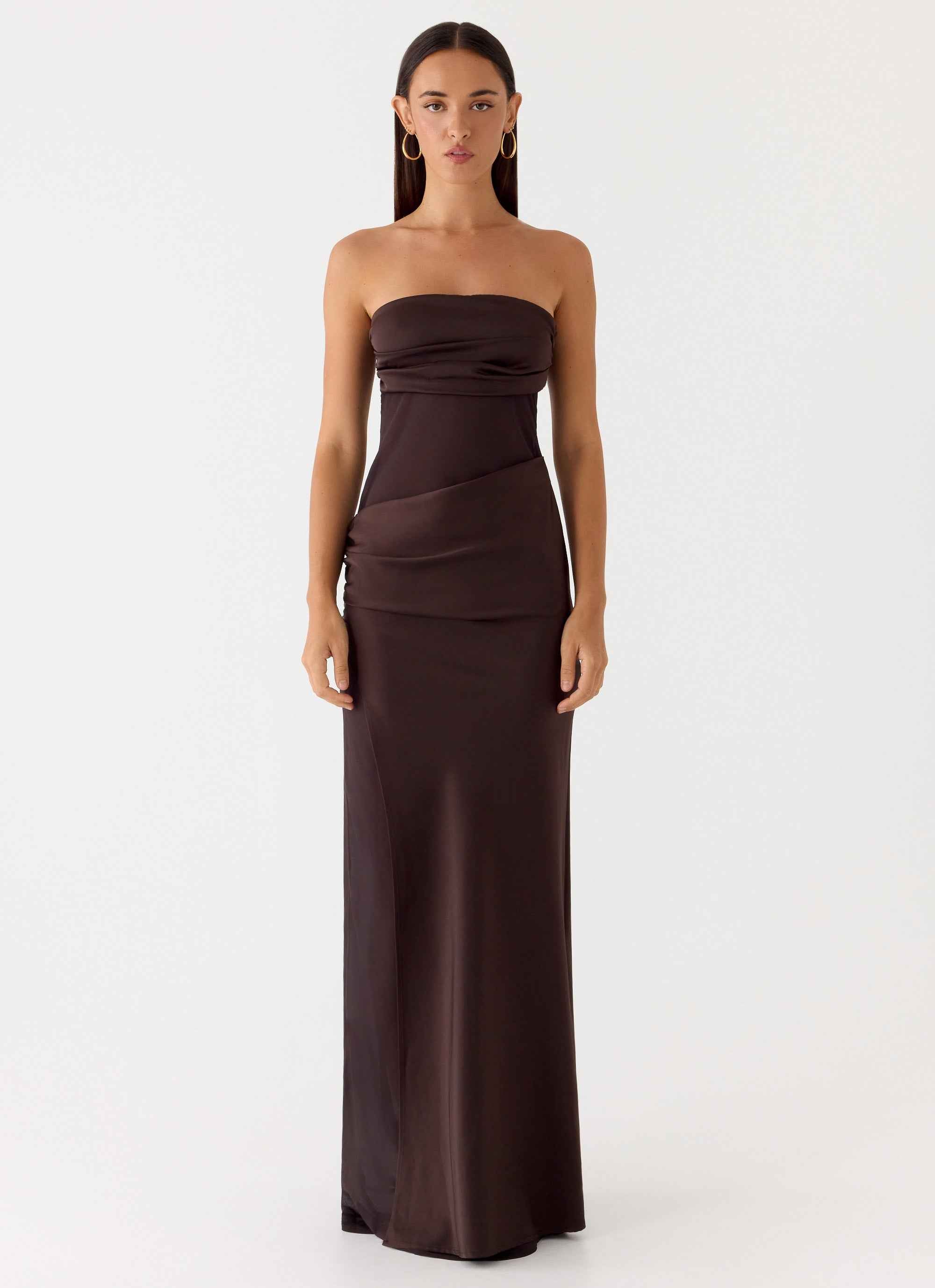 Champagne Skies Maxi Dress - Chocolate Satin Chiffon