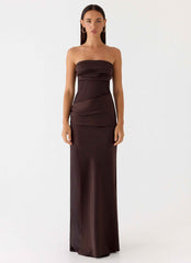 Champagne Skies Maxi Dress - Chocolate Satin Chiffon