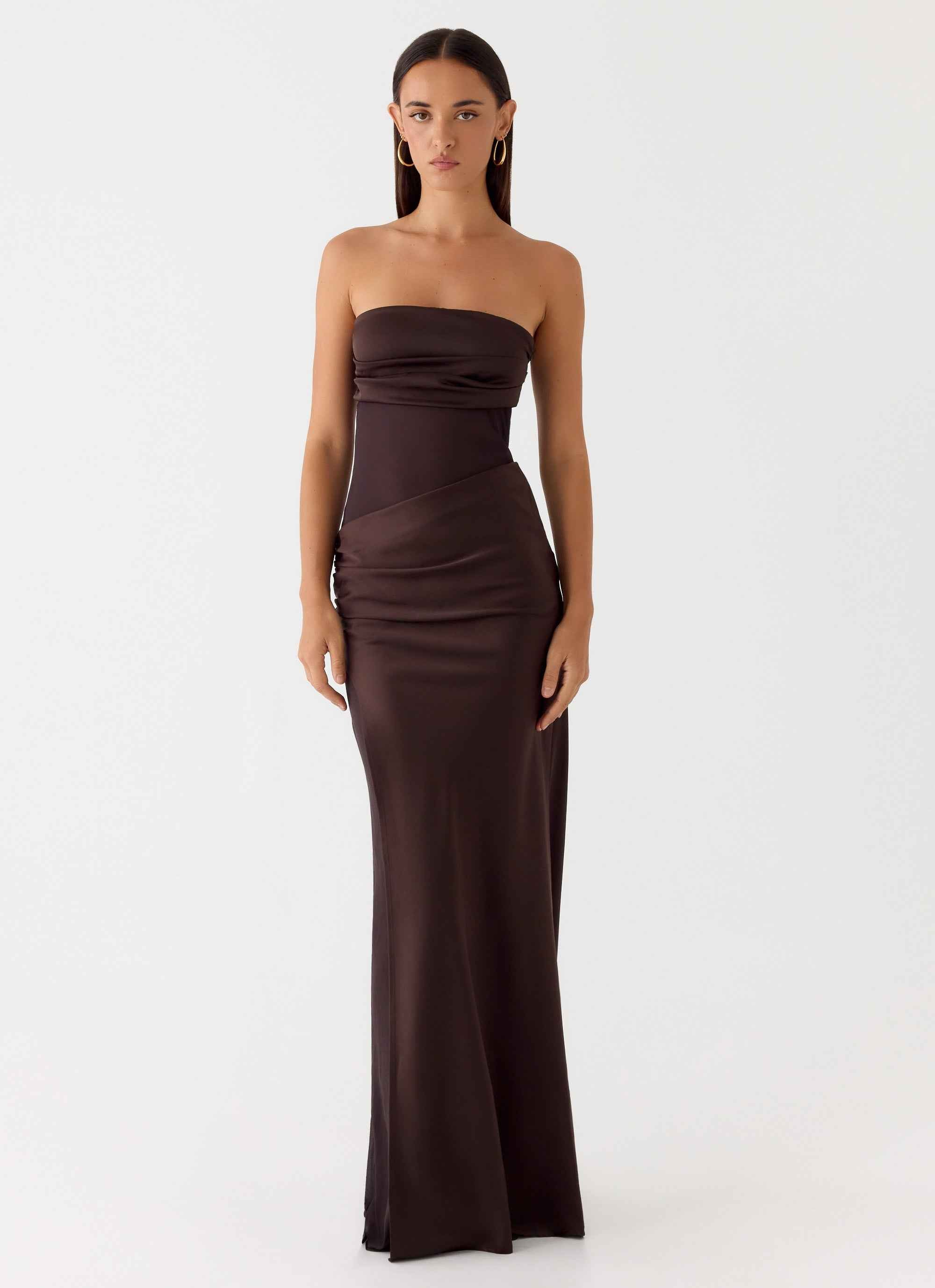 Champagne Skies Maxi Dress - Chocolate Satin Chiffon