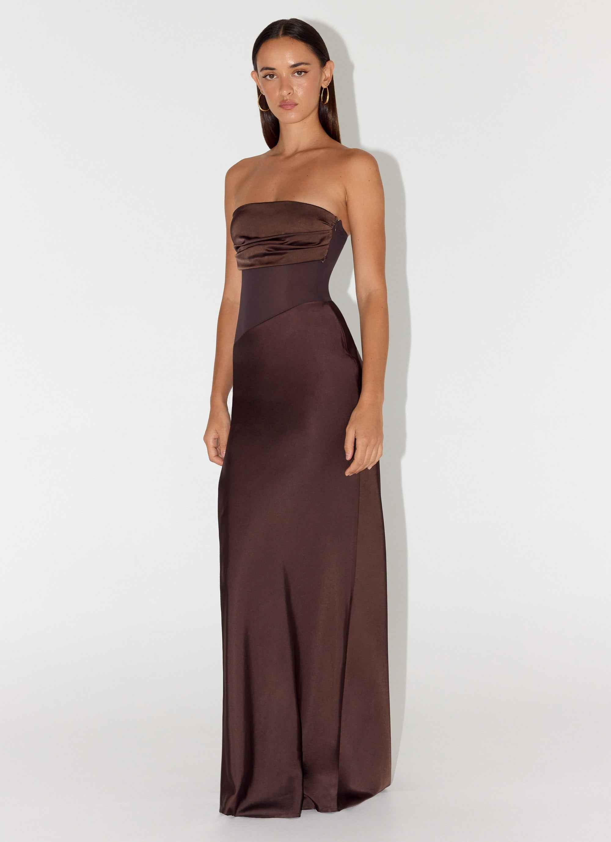 Champagne Skies Maxi Dress - Chocolate Satin Chiffon