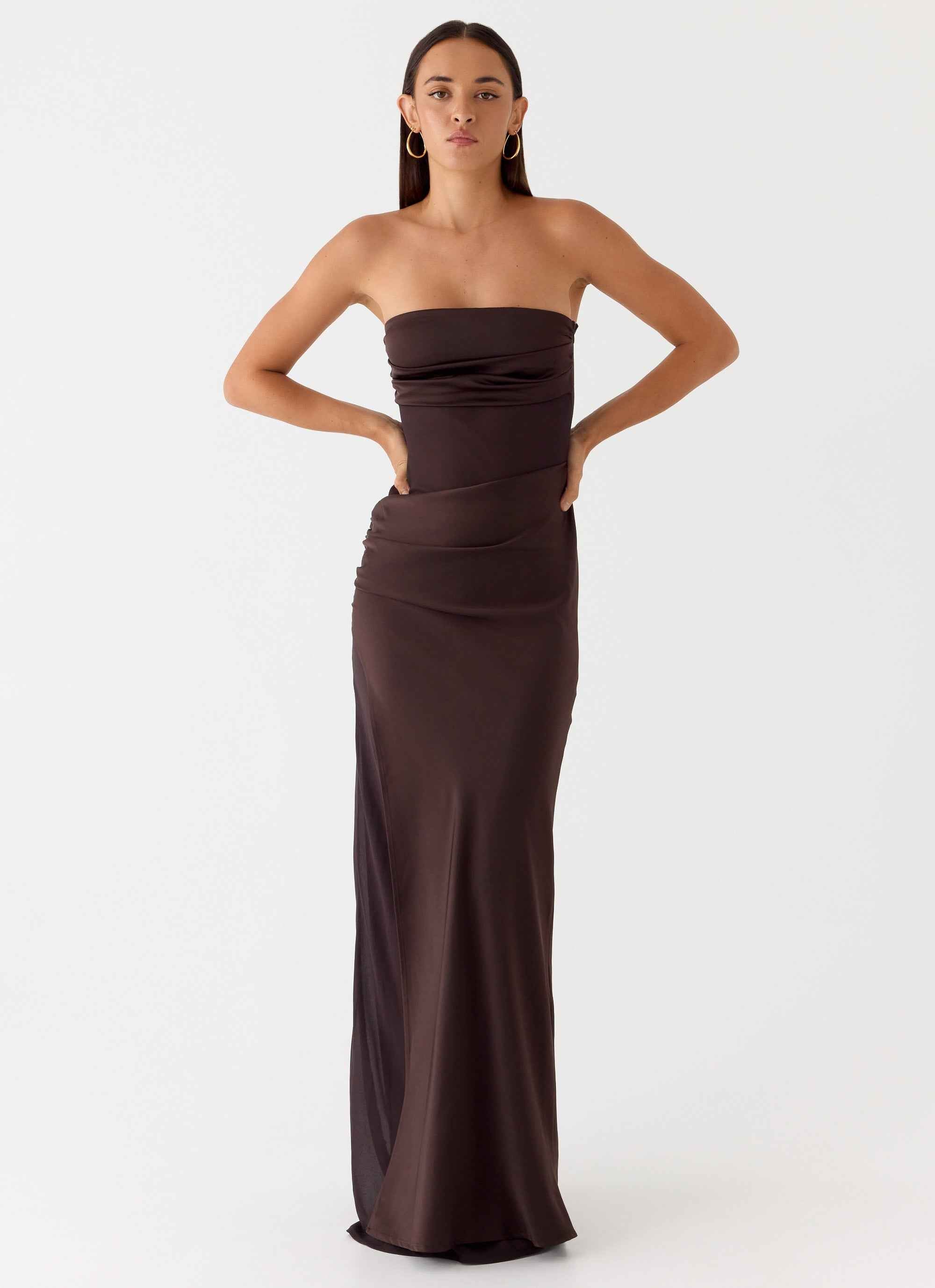 Champagne Skies Maxi Dress - Chocolate Satin Chiffon