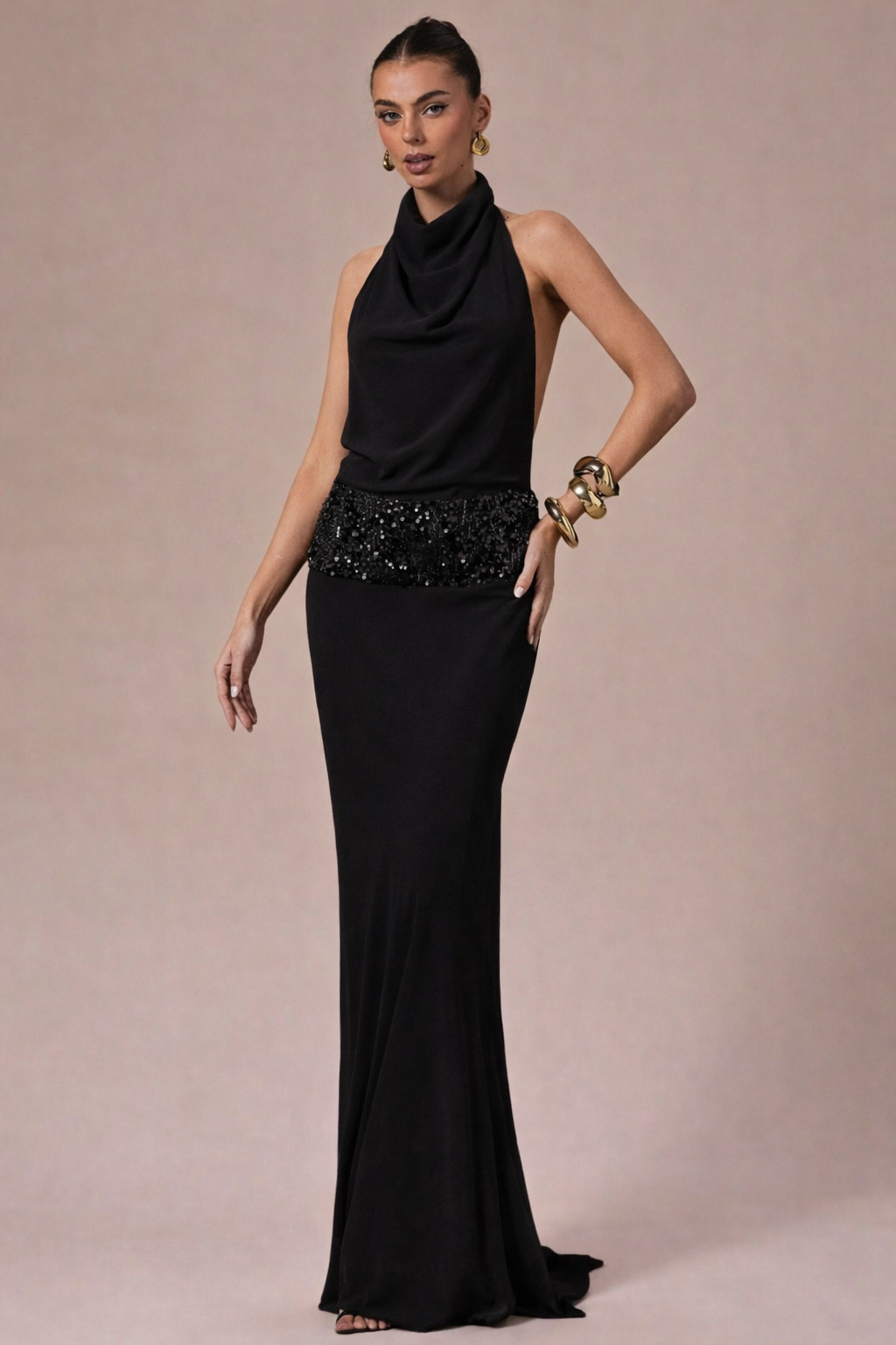 Adele Halter Backless Sequin Maxi Dress