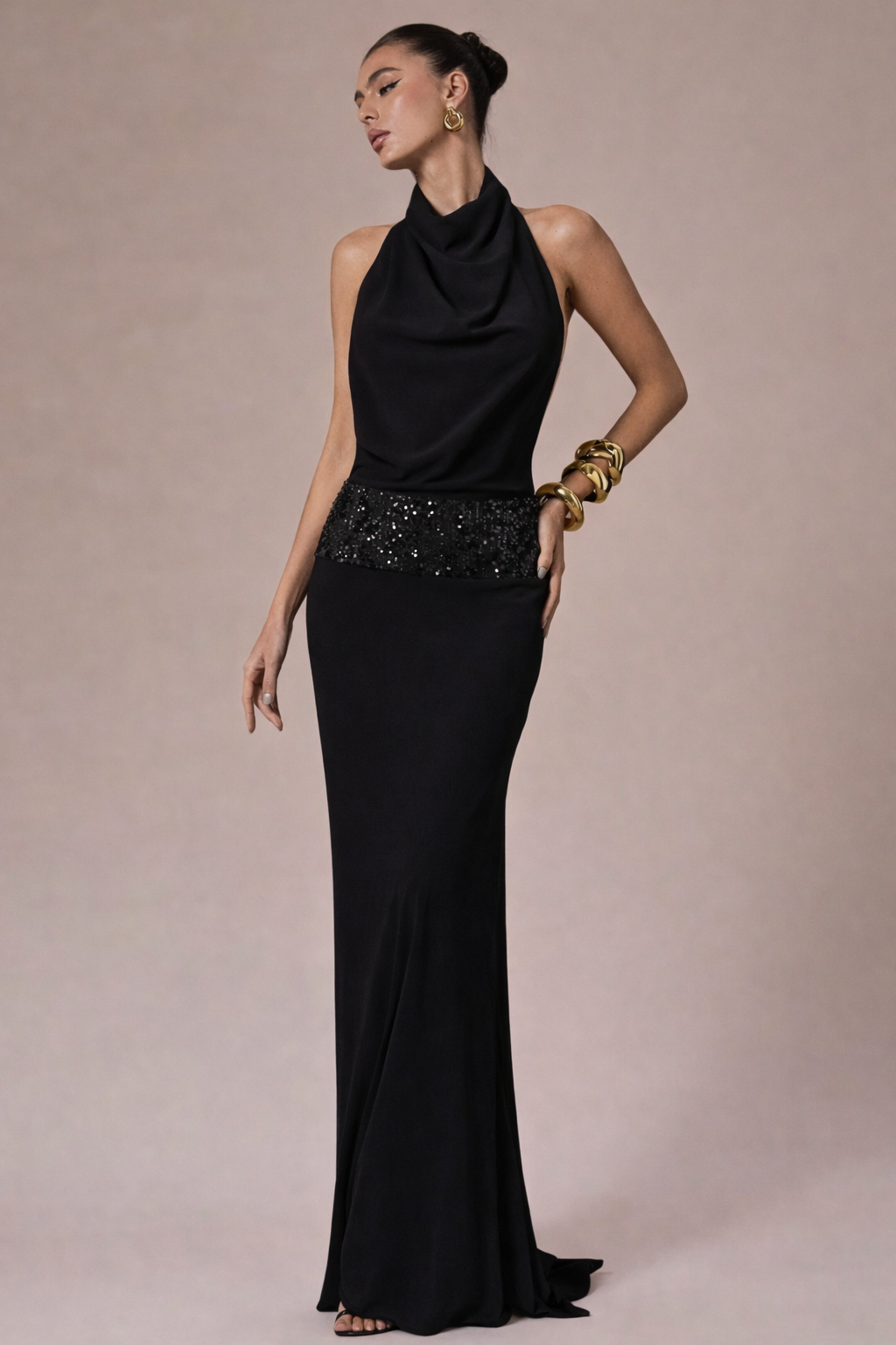 Adele Halter Backless Sequin Maxi Dress