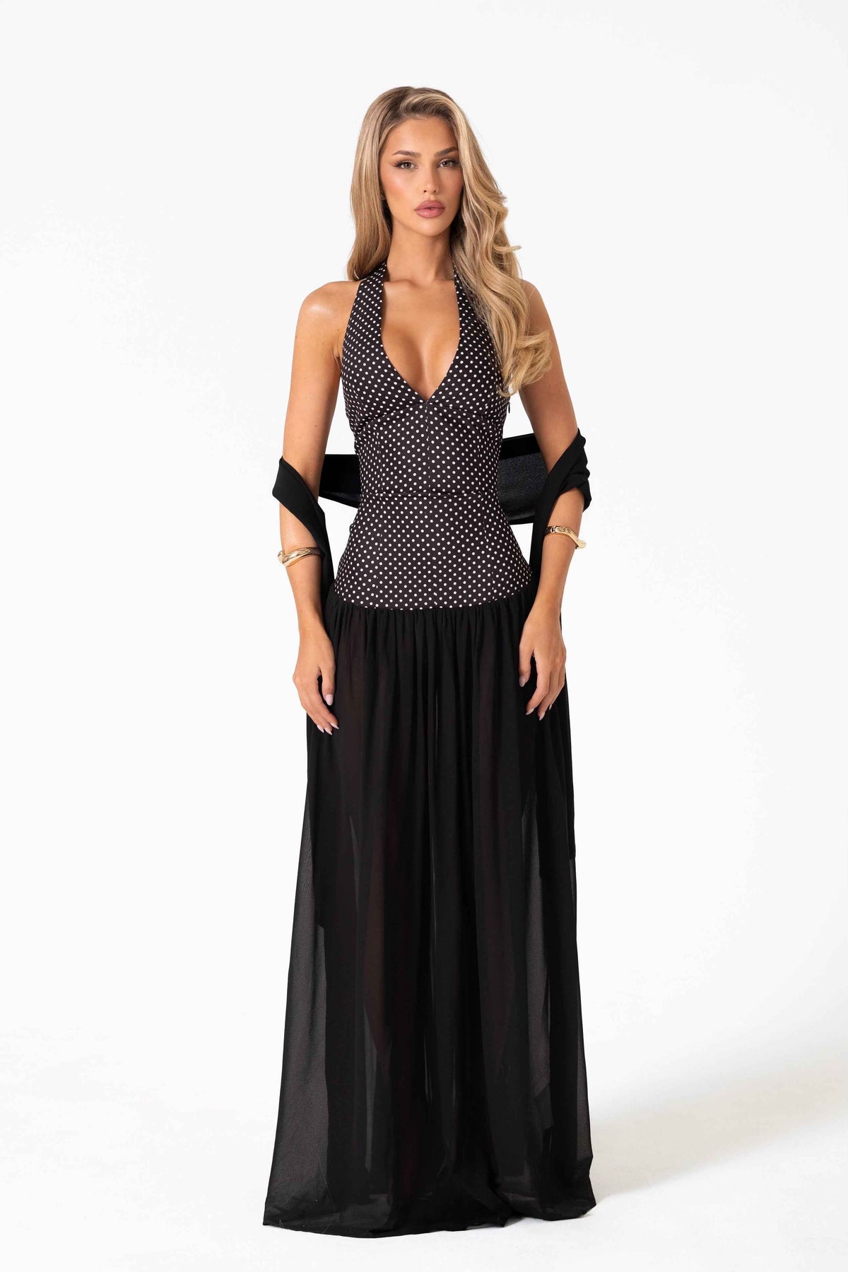 Adeline Maxi Dress - Black Polka Dot Halterneck