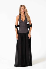 Adeline Maxi Dress - Black Polka Dot Halterneck