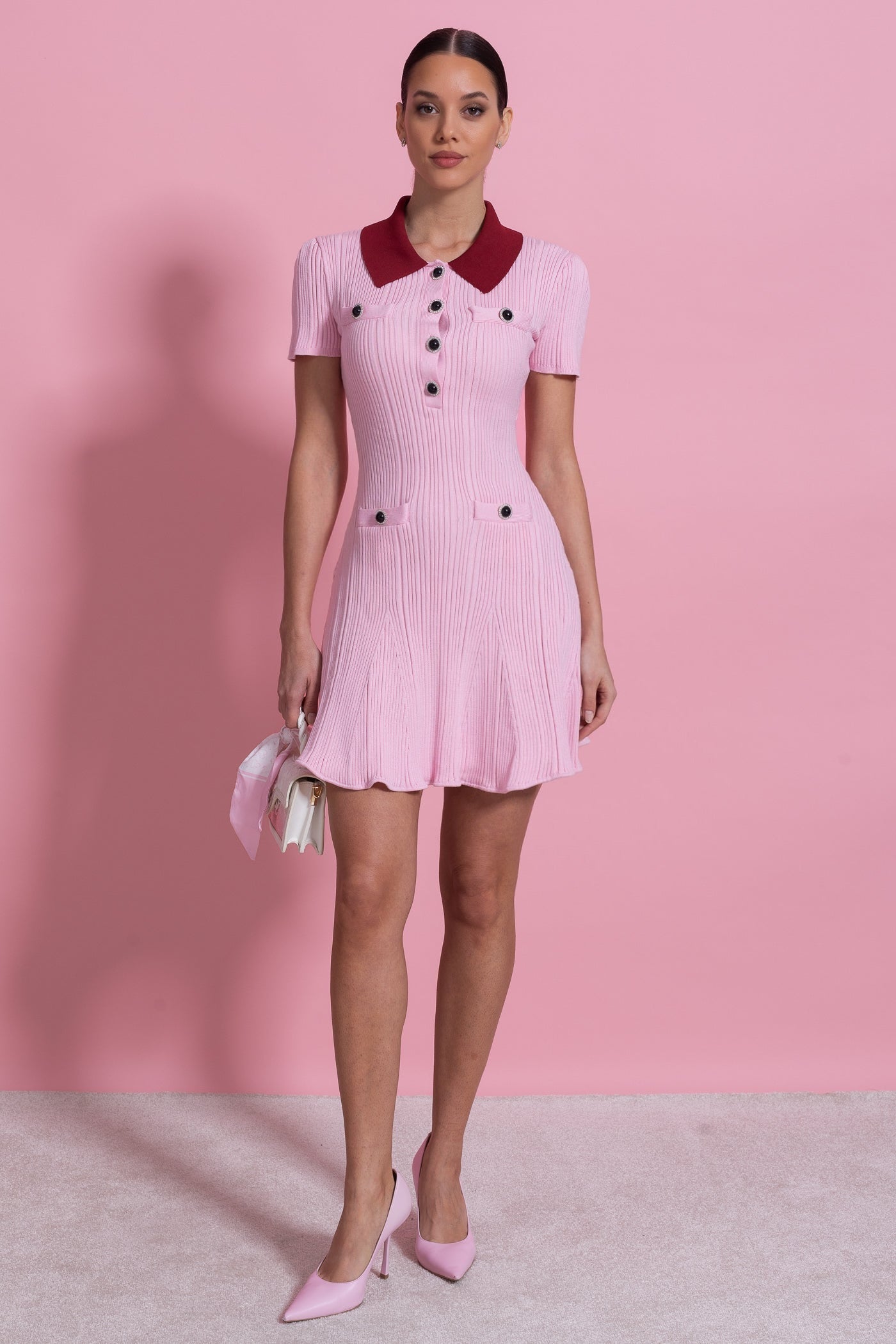 Ribbed Short Sleeve Mini Dress With Contrast Collar And Button Front Detail - Blush Pink