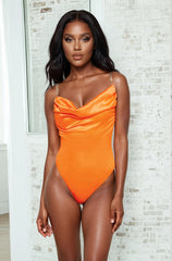 Orange Satin Cowl Neck Teddy
