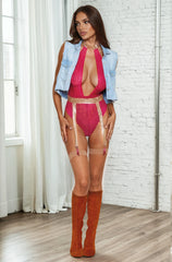 Fuchsia Pink Lace Halter Teddy and Garterbelt