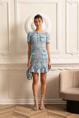 Short Sleeve Embroidered Floral Dress - Blue