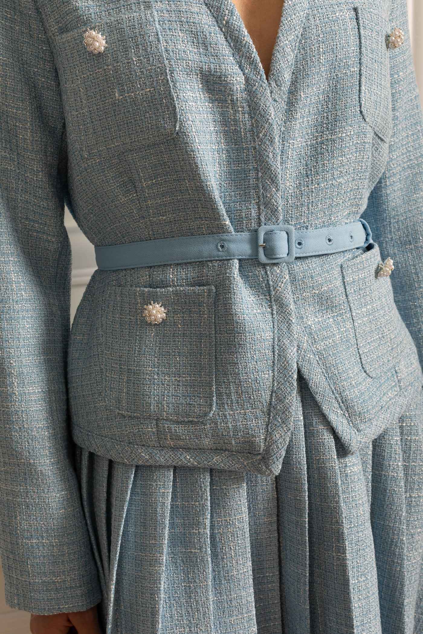 Textured Co-Ord Set With Long Sleeved Top And Matching Pleated Mini Skirt - Blue