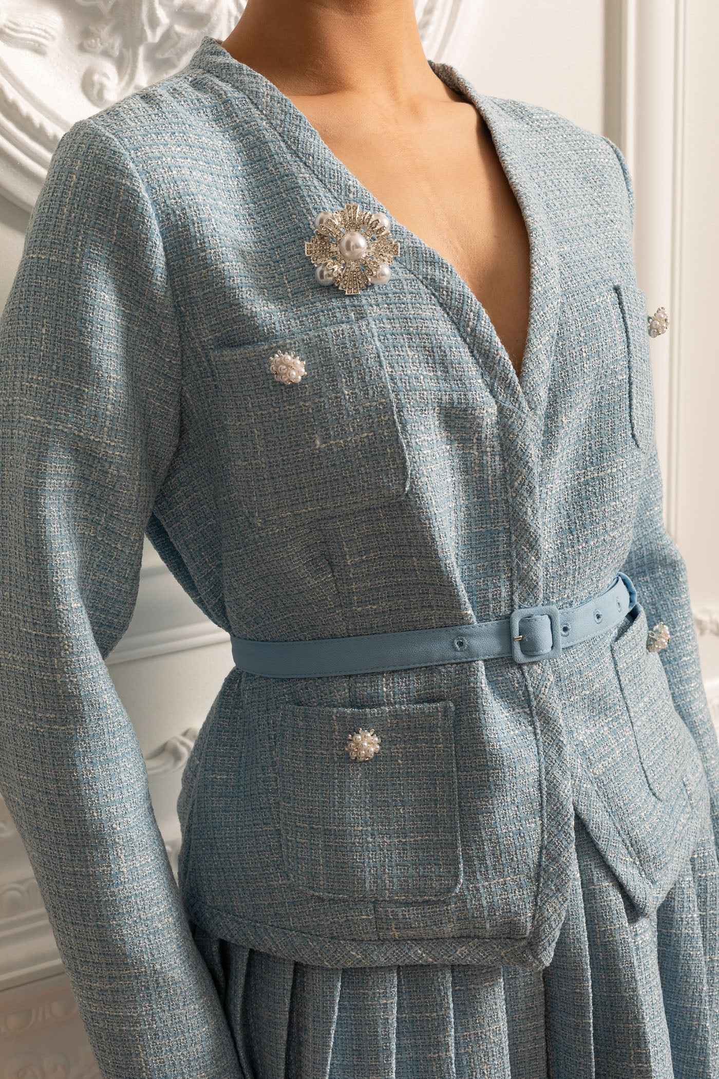 Textured Co-Ord Set With Long Sleeved Top And Matching Pleated Mini Skirt - Blue