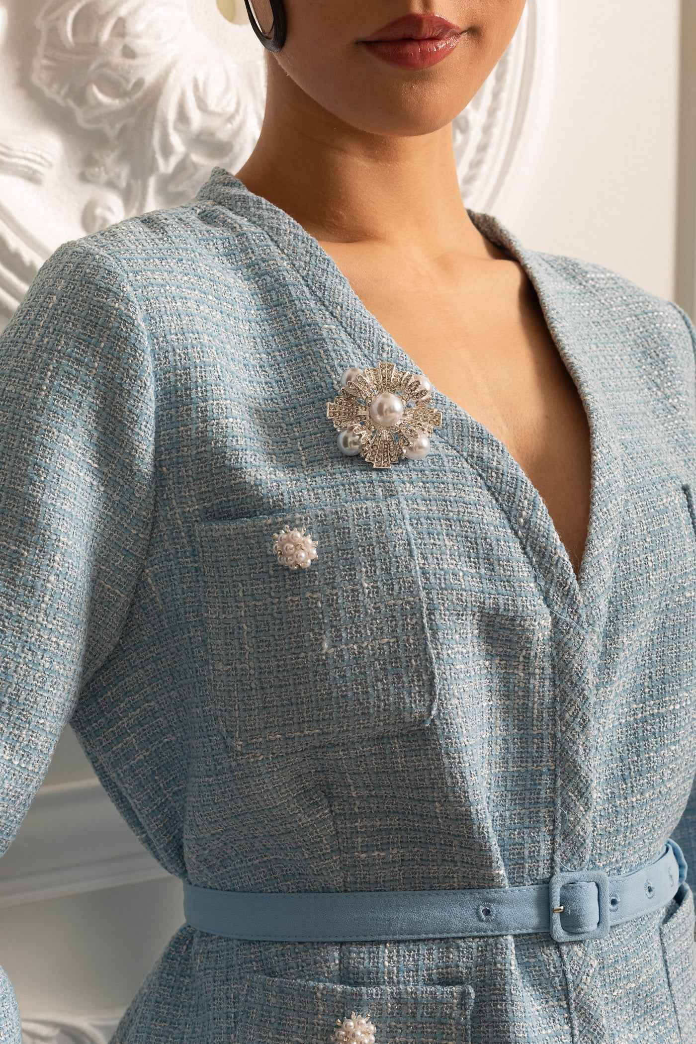 Textured Co-Ord Set With Long Sleeved Top And Matching Pleated Mini Skirt - Blue