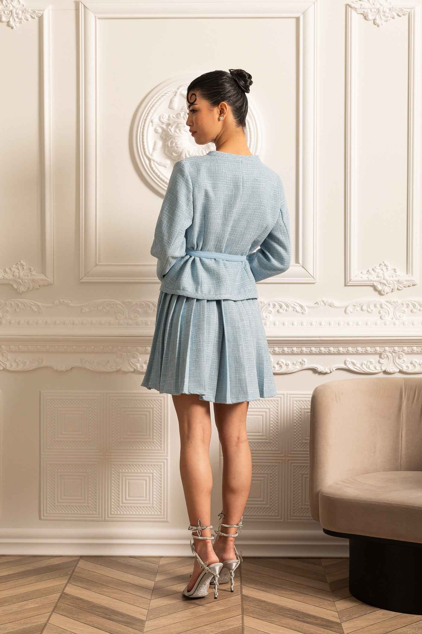 Textured Co-Ord Set With Long Sleeved Top And Matching Pleated Mini Skirt - Blue