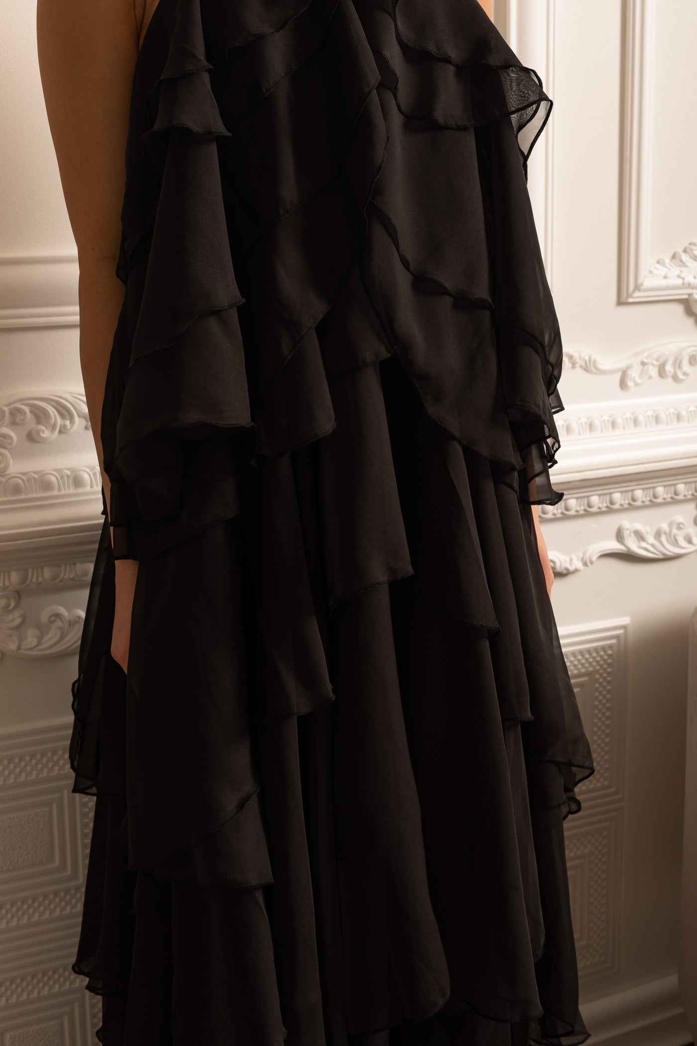 Layered Ruffle Halter Dress With Decorative Neckline Flower - Black