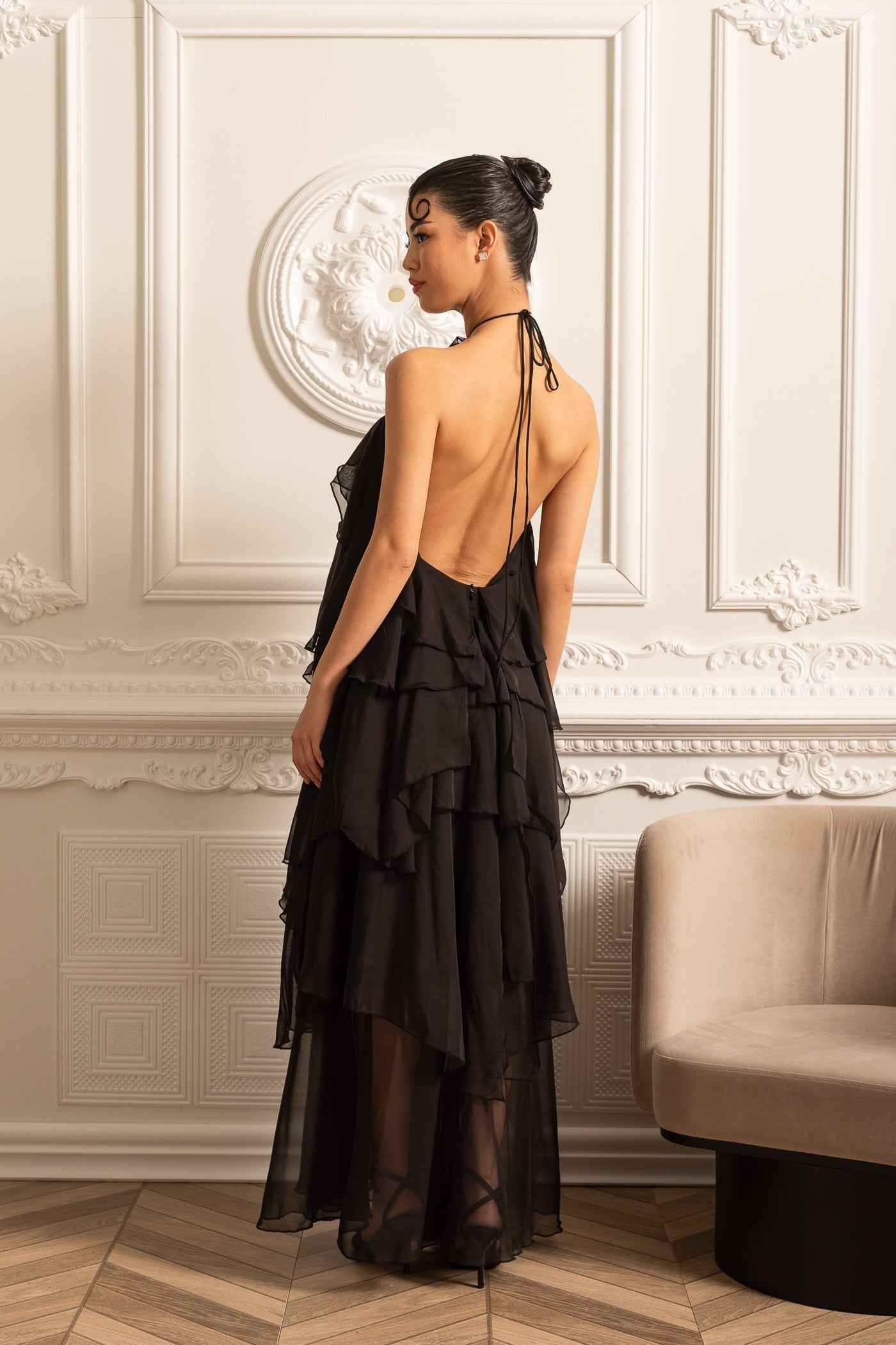 Layered Ruffle Halter Dress With Decorative Neckline Flower - Black