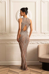 Crystal Embellished Fitted Gown With Front, Back And Hip Cutouts - Beige