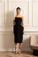 One-Shoulder Fitted Dress with White Accents - Black