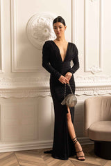 Elegant Ruched Dress With Deep Neckline - Black