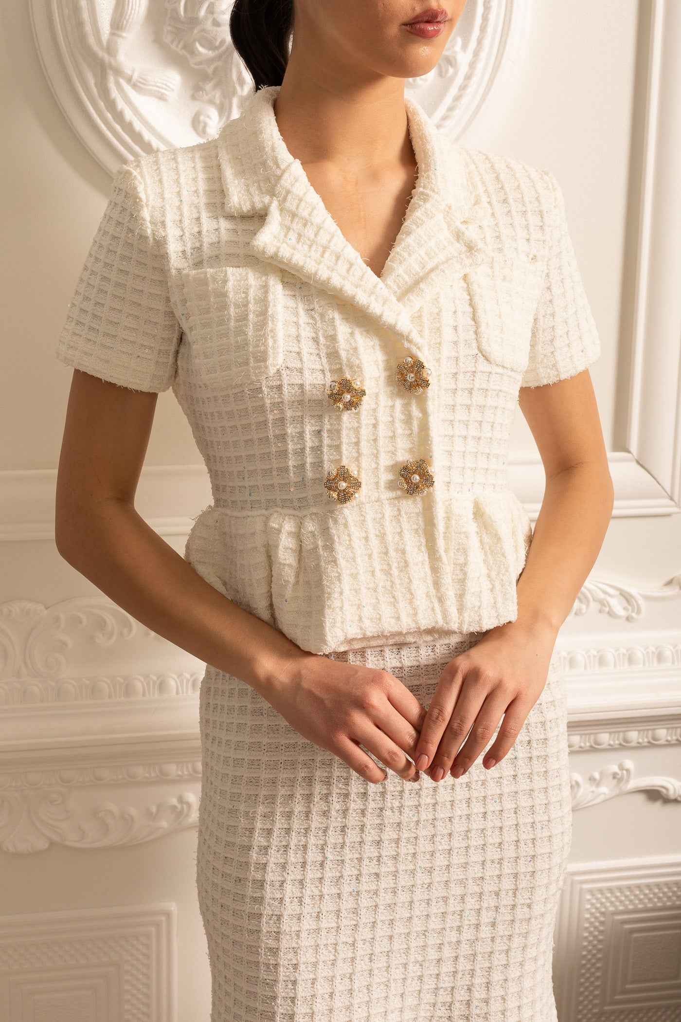 Knitted Midi Dress With Gold Buttons And Peplum Waist - White