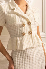 Knitted Midi Dress With Gold Buttons And Peplum Waist - White