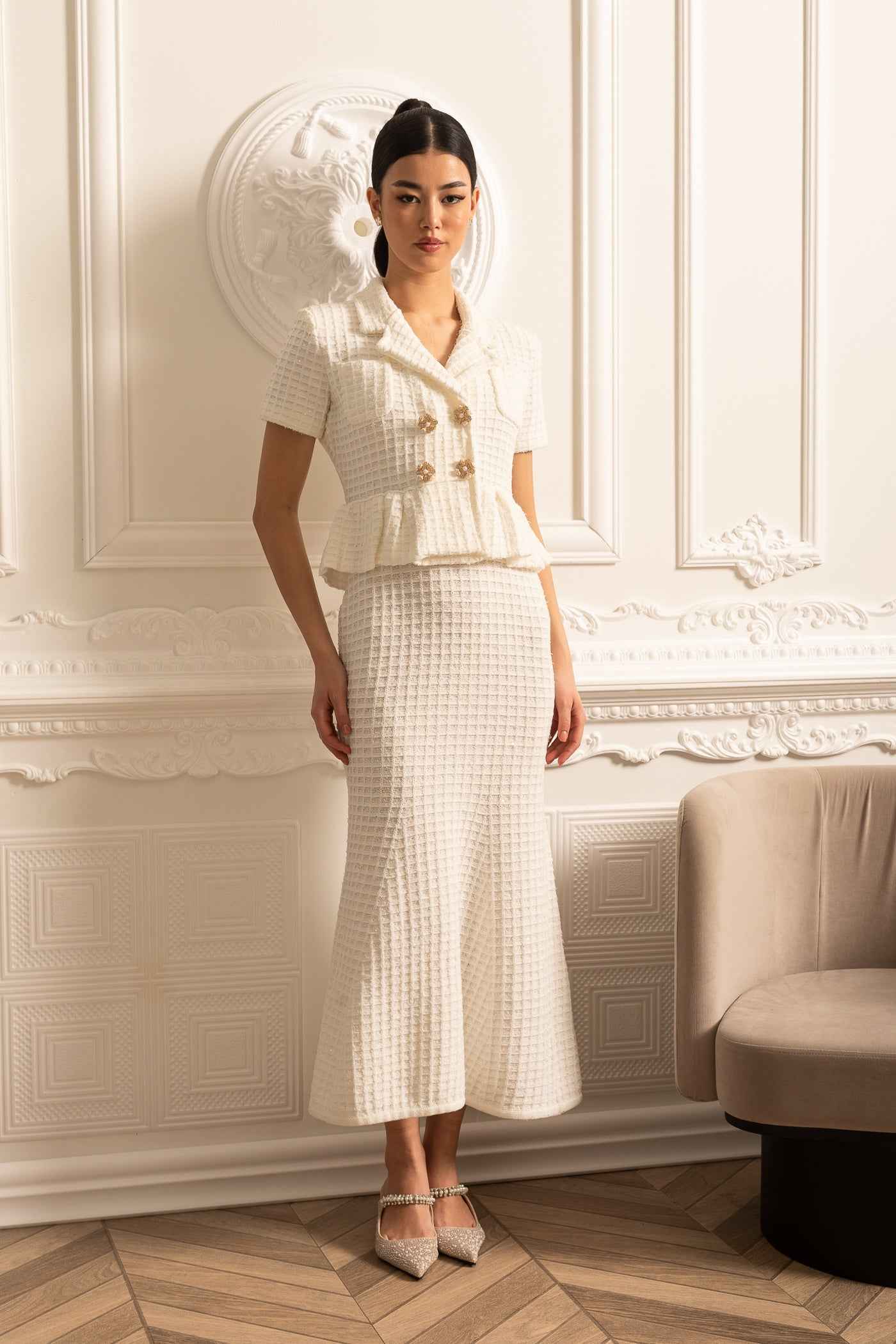 Knitted Midi Dress With Gold Buttons And Peplum Waist - White