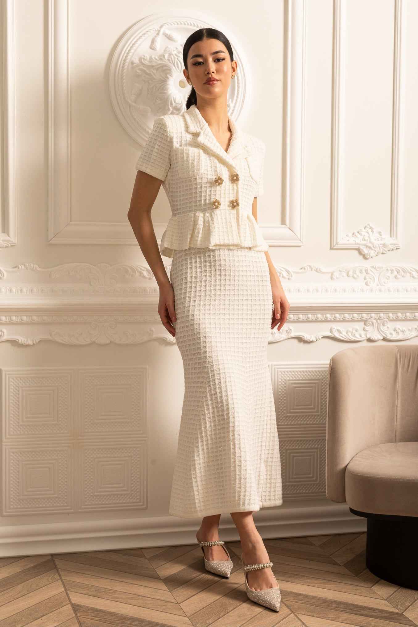 Knitted Midi Dress With Gold Buttons And Peplum Waist - White