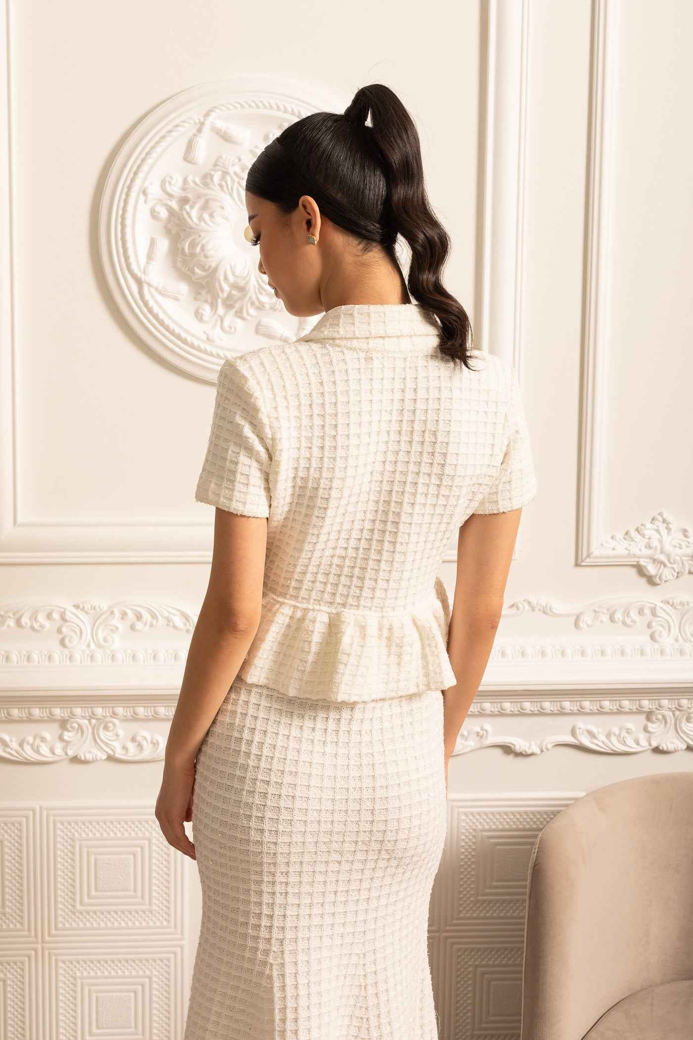 Knitted Midi Dress With Gold Buttons And Peplum Waist - White