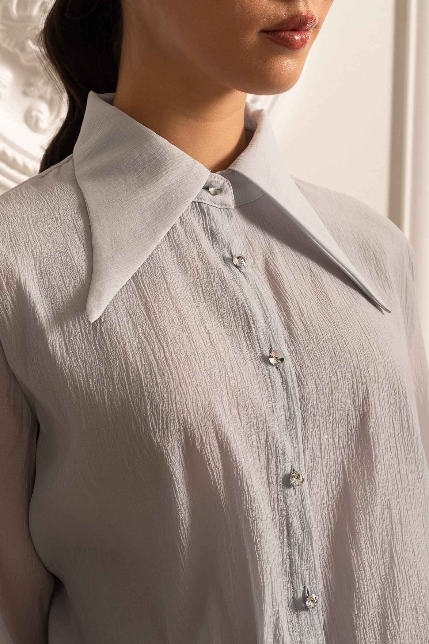 Button-Up Shirt With Cinched Waist - Gray