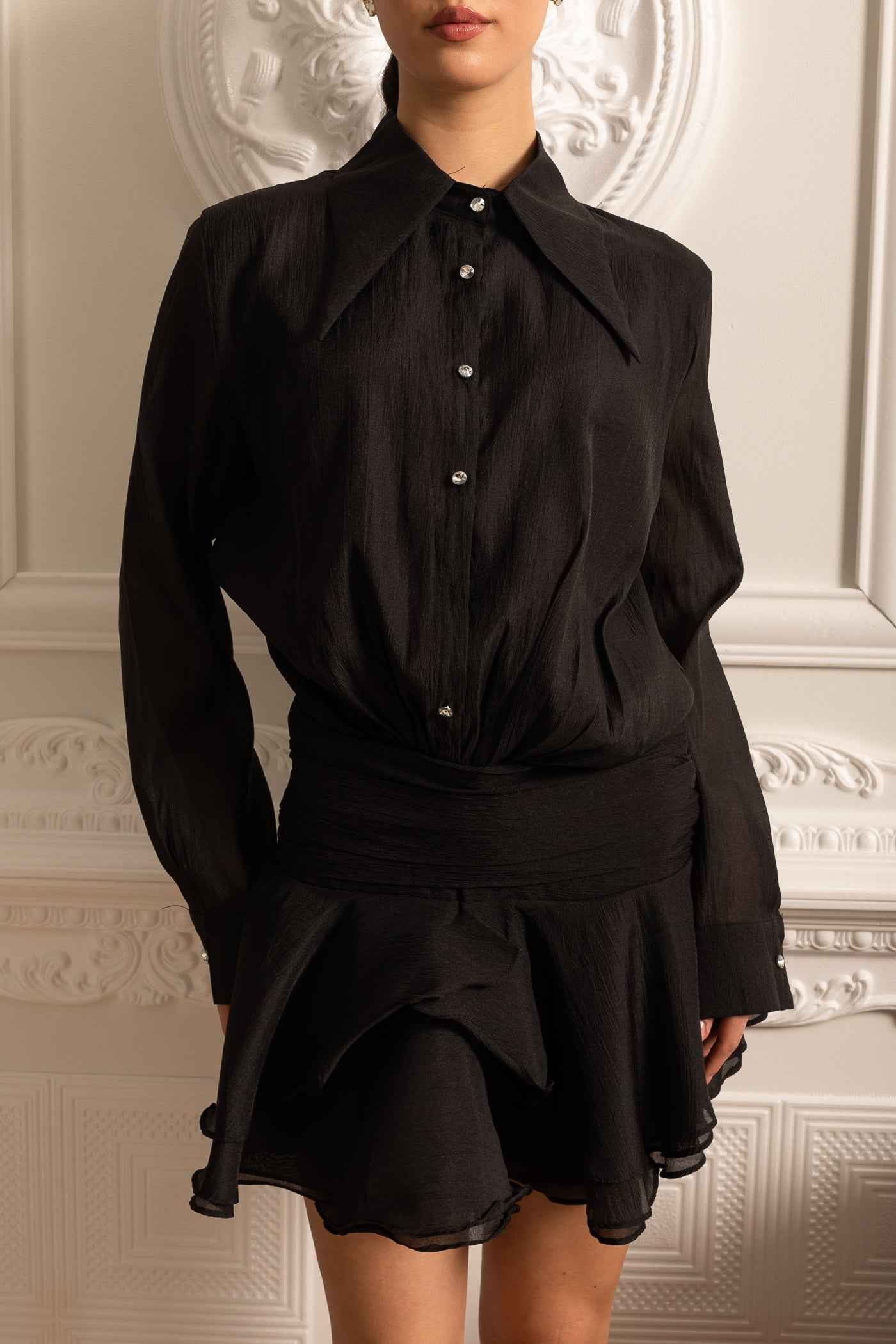 Button-Up Shirt With Cinched Waist - Black