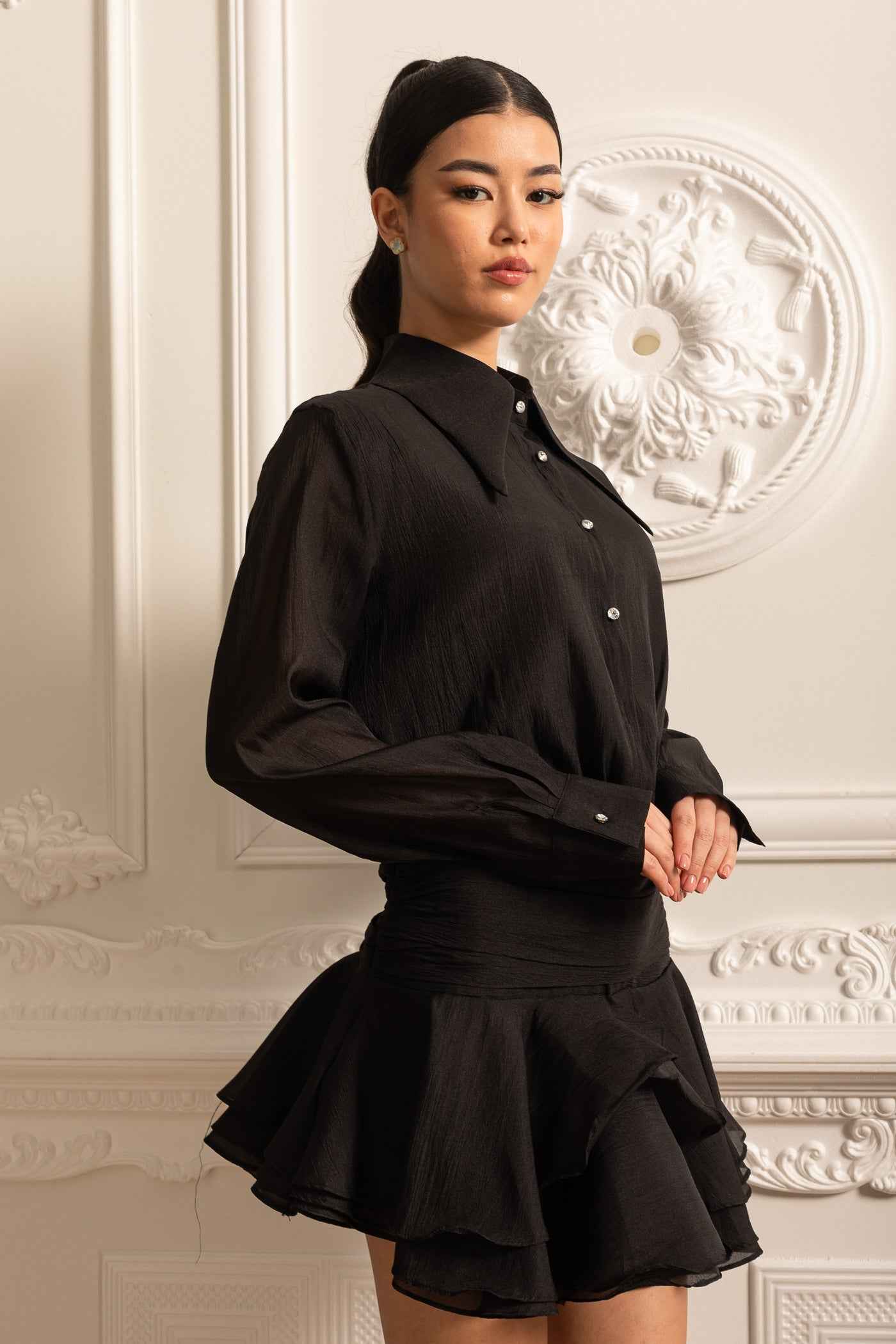 Button-Up Shirt With Cinched Waist - Black