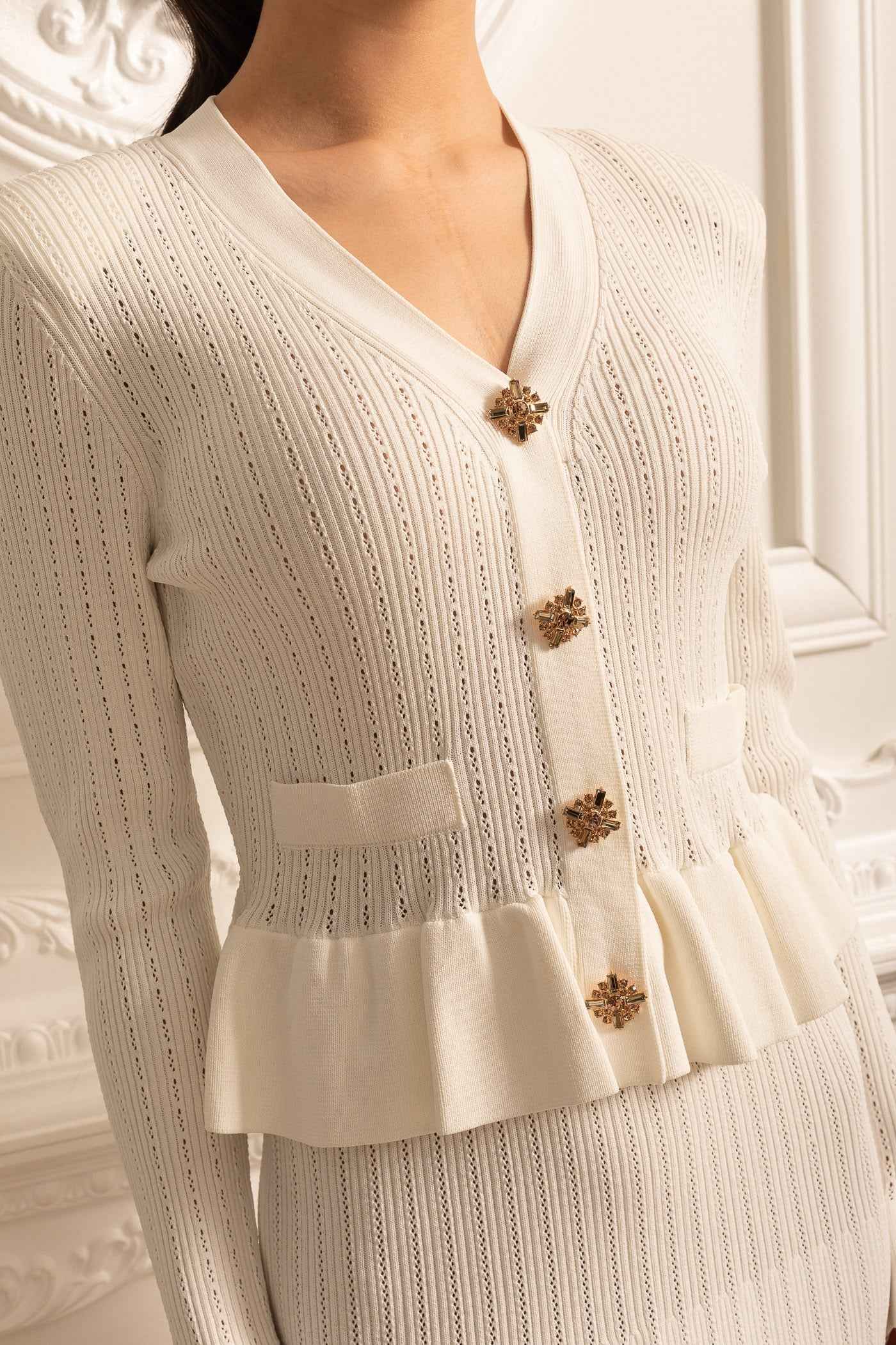 Long Sleeve Knitted Dress With Gold Buttons And Peplum Waist - White