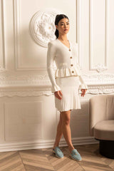 Long Sleeve Knitted Dress With Gold Buttons And Peplum Waist - White