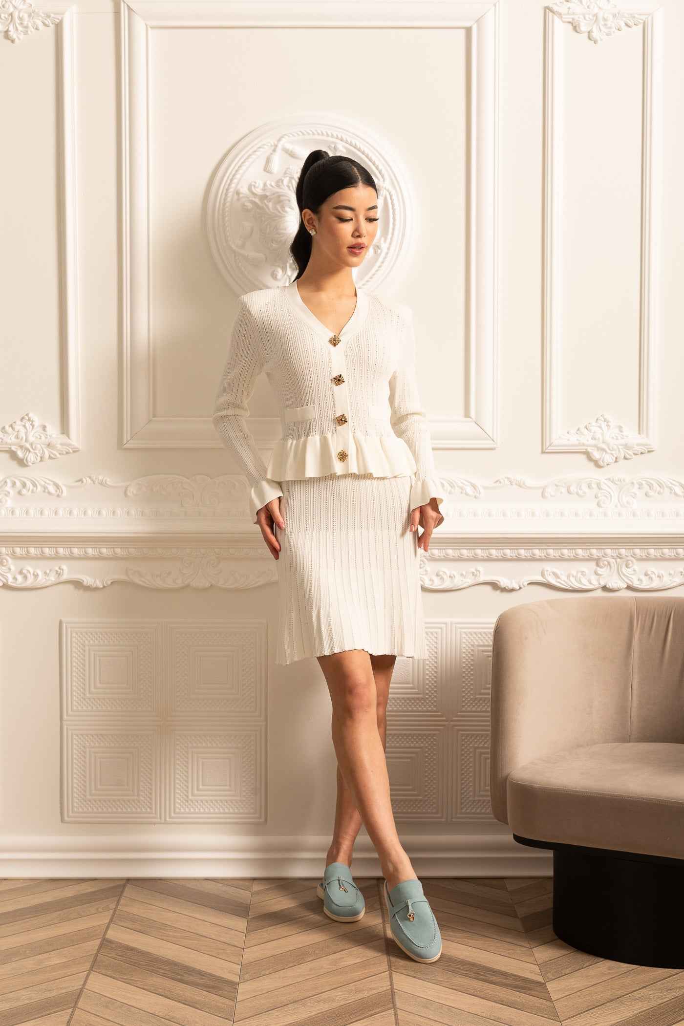 Long Sleeve Knitted Dress With Gold Buttons And Peplum Waist - White