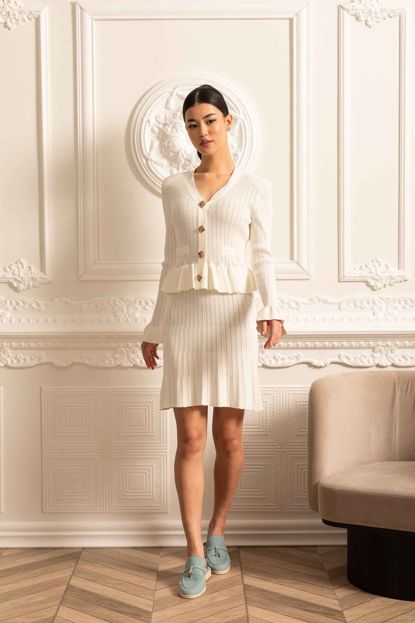 Long Sleeve Knitted Dress With Gold Buttons And Peplum Waist - White