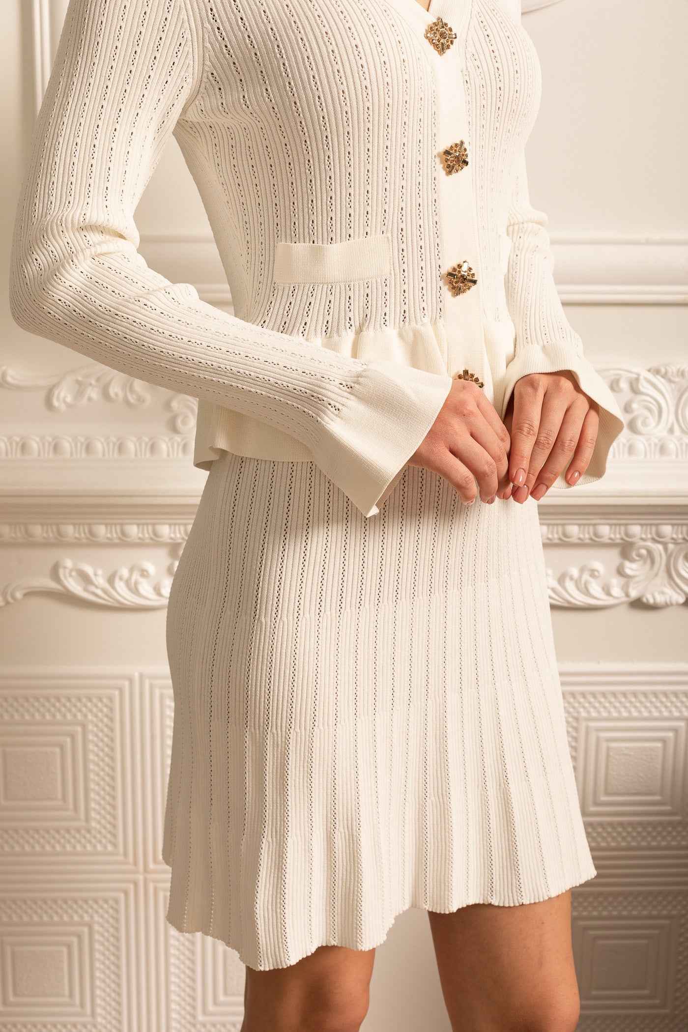Long Sleeve Knitted Dress With Gold Buttons And Peplum Waist - White