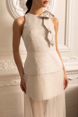 Elegant Dress With Pleated Tulle Skirt, Shoulder Bow And Sparkling Embellishments - Ivoire